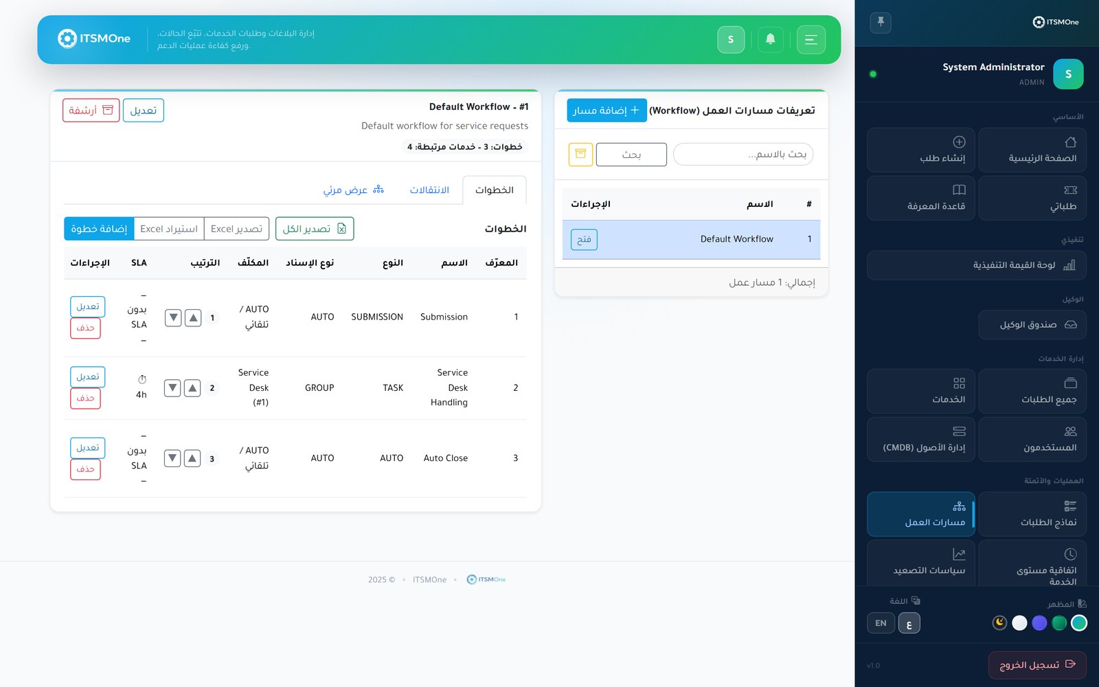 ITSMOne visual workflow designer with approval, condition and timer steps on a canvas — مصمم مسارات العمل المرئي في ITSMOne